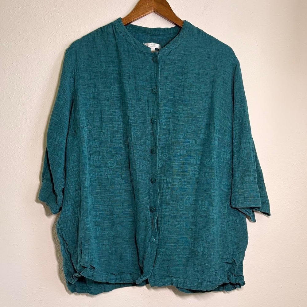 Erin London Womens Size 1X Teal Button Up Minimal Artsy Blouse